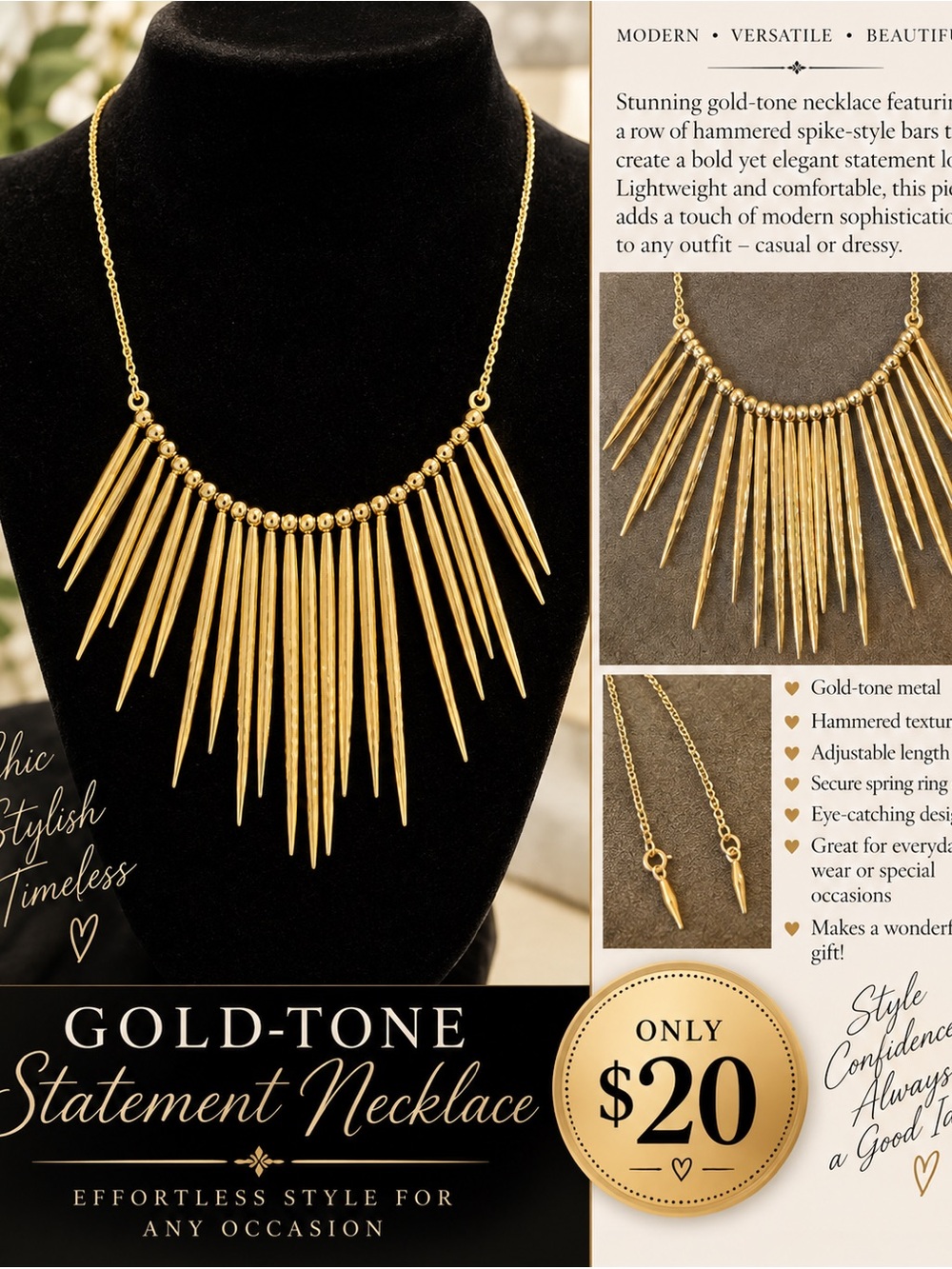 Gold-Tone Spike Statement Necklace - Elegant Women's Jewelry